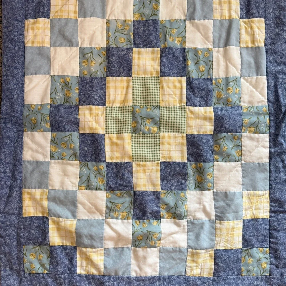 Vintage pillow shams Quilted Set of 2 Blue Yellow Floral Patchwork Cottagecore